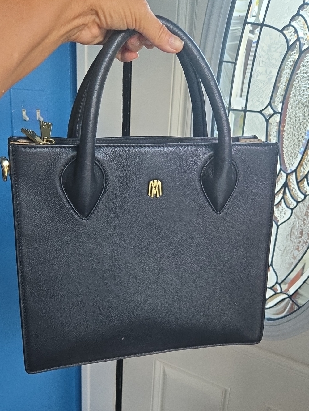 Antonio Melani Black Structured Leather Tote Bag with Gold Logo